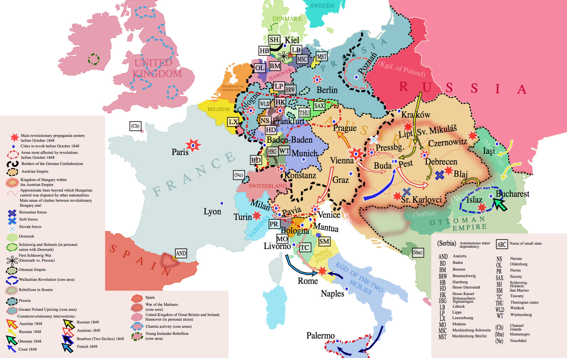 map showing the revolutions of 1848/1849