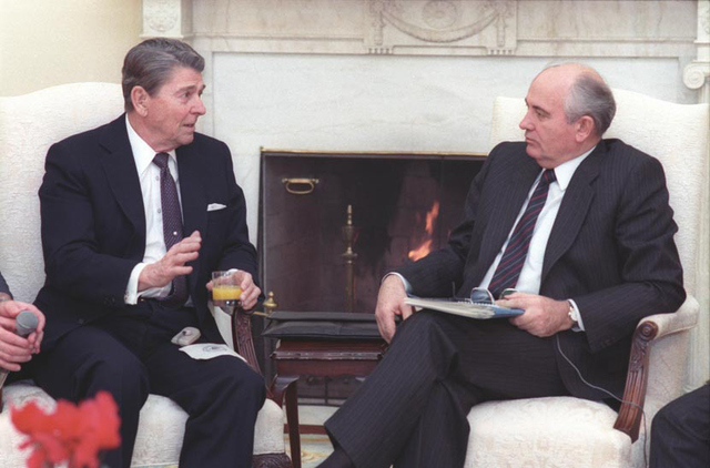 President Reagan and the Soviet General Secretary Gorbachev at a morning meeting in the Oval Office during the Washington Summit in December of 1987.