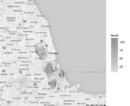 Figure 5: A plot of the density of service requests for vacant and abandoned properties around Chicago over the time period of our study.