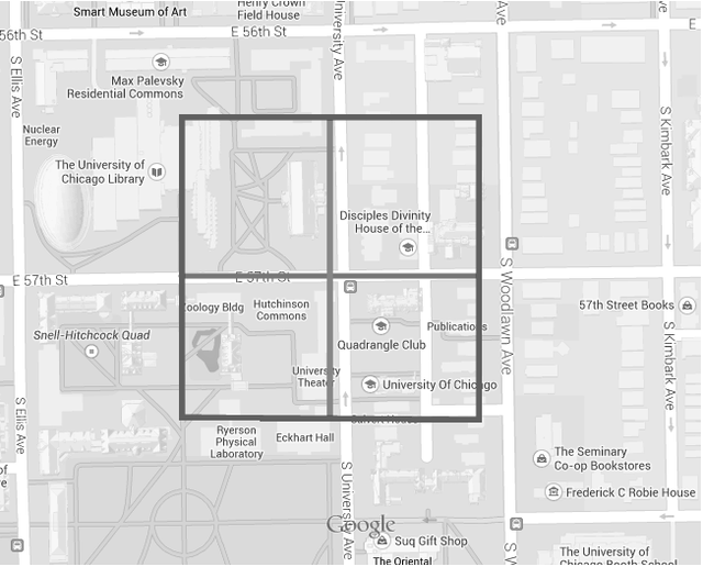 Figure 4: An example illustrating the dimensions of the region around a vacant property we use to compute crime rates.