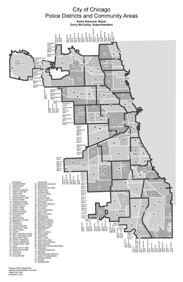 Figure 3: Map of the community areas and police districts in Chicago. Retrieved from the Chicago Police website.