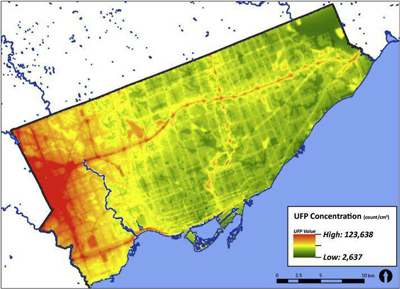 Figure 5 Predicted spatial distribution of ambient Ultra Fine Particles in Toronto, Canada (Weichental, 2016)
