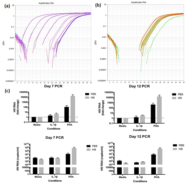 Figure 4. Real-time PCR Analysis. In representative patient 5224 (Viral load: 9618 copies/mL), the plasmid containing the viral sequence was amplified and analyzed by replicates using a real-time PCR. (a) Standard curves, made from plasmid containing the U5 sequence diluted in TE buffer and yeast RNA, were used to determine the quantity of RNA levels. (b) The graphs obtained from PCR made quantification of the level of residual viral matter possible. (c) After 7 and 12 days of treatment, IL-1β led to a low but detectable level of viral RNA. The viral RNA levels were shown as fold change (top) and actual copies per mL (bottom).