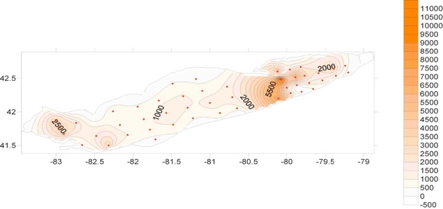 Figure 2. Sediment deposition rates in 1991 (g m<sup>2</sup>yr<sup>1</sup>) (Klump et al., 2005). The dark dots indicate the coring locations used to determine these rates. A darker color indicates a higher sedimentation rate.