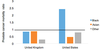 Figure 6. Age-standardized prostate cancer mortality ratios relative to the in-country White reference group, which is highlighted by the black line, in the U.S. and U.K, 2002 to 2006.