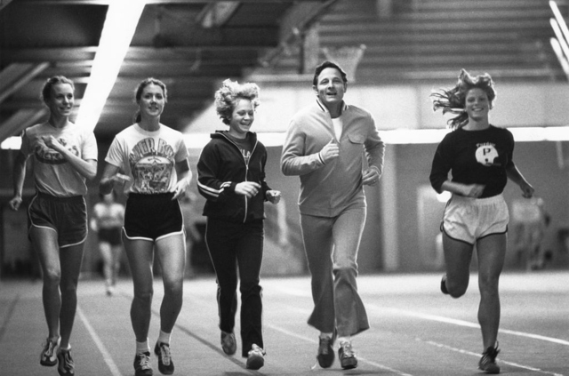 Senator Birch Bayh running with Title IX athletes