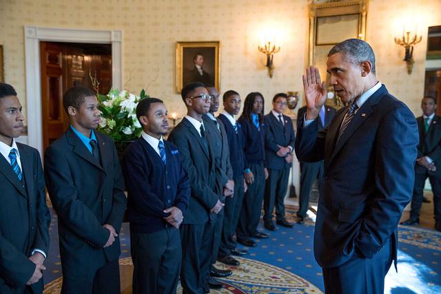 President Obama with a group of students participating in an event for My Brother's Keeper