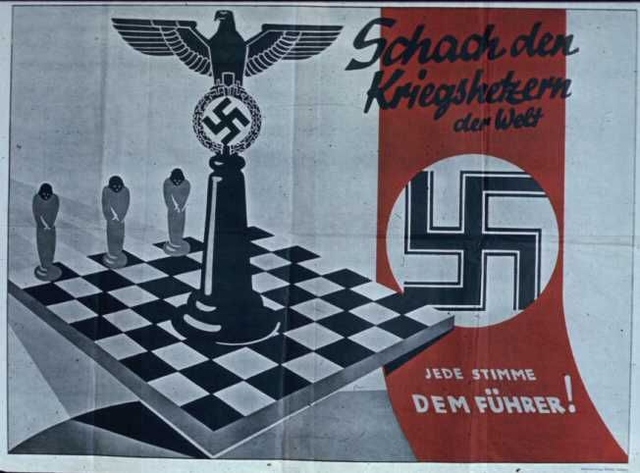 Poster from 1936 referendum. Reads: “Check the war-mongers of the world. Every vote for the Führer!”