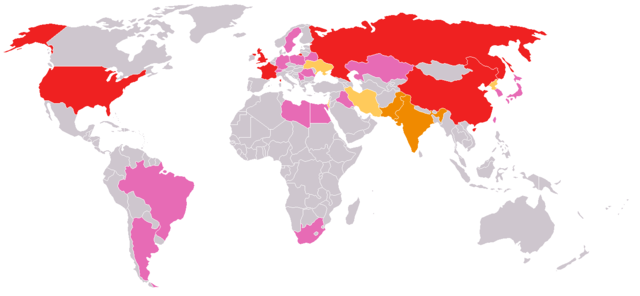 Schematic showing nations with nuclear weapons programs. Nations shown in dark grey are part of the NPT.