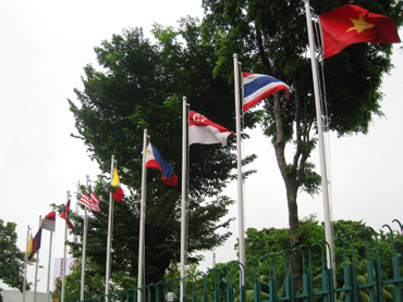 The flags of the ASEAN members at the ASEAN headquarters in Jakarta, Indonesia