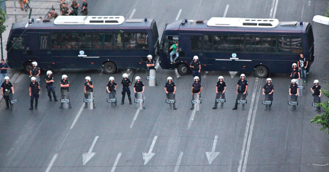 The riot police in Athens block all roads to parliament during protests in 2012