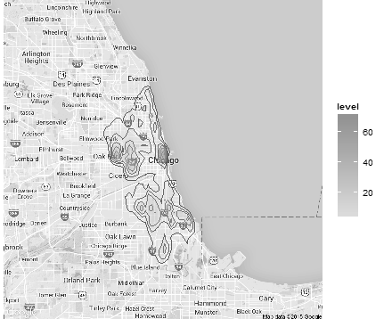 Figure 6: A plot of the density of crime incidence around Chicago over the time period of our study.
