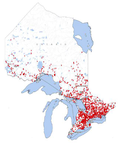 Figure 1. Map of dams in Ontario that are registered in the Ontario Dam Inventory. Dams are represented by red marks (Ontario, 2015).