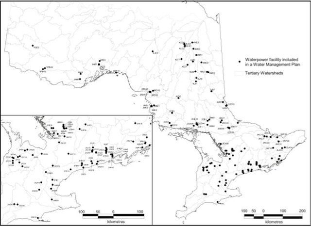 Figure 3. Map of the hydroelectric dams in Ontario that are currently included in a Water Management Plan (Metcalfe et al., 2005).