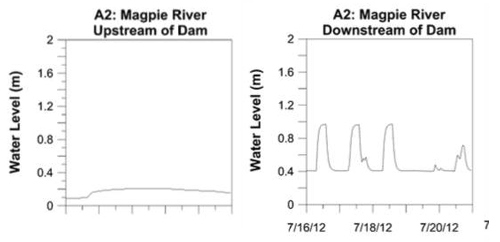 Figure 7. The water level upstream (left) and downstream (right) of the the hydropeaking dam in the Magpie River. The time scale, shown on the downstream and upstream hydrographs is the same (Nadon et al., 2015).