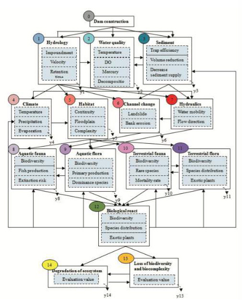Figure 9. The Ecological Network Analysis framework for dam operation that includes risk flows (Chen et al., 2010).