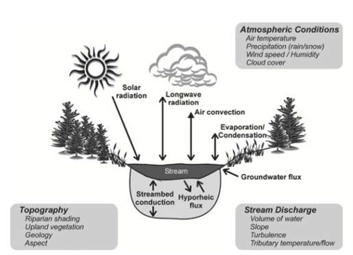 Figure 4. Factors affecting the thermal properties of a river or stream (Olden et al. 2010).