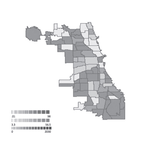 Figure 8. (center) Spatial model of Chicago displaying population (percent) below poverty line by community area