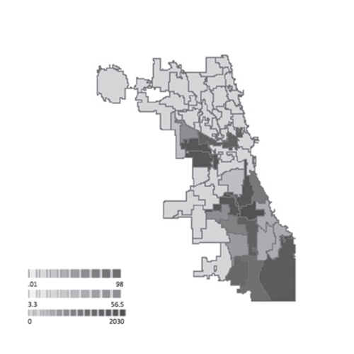 Figure 9. (right) Spatial model of Chicago displaying number of vacant lots by ward