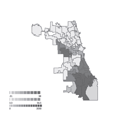 Figure 7. (left) Spatial model of Chicago displaying population of African Americans by ward