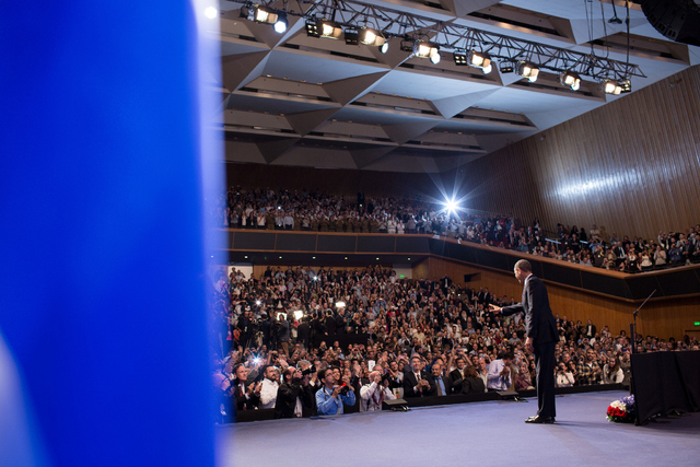 Obama delivers a speech at the Jerusalem Convention Center